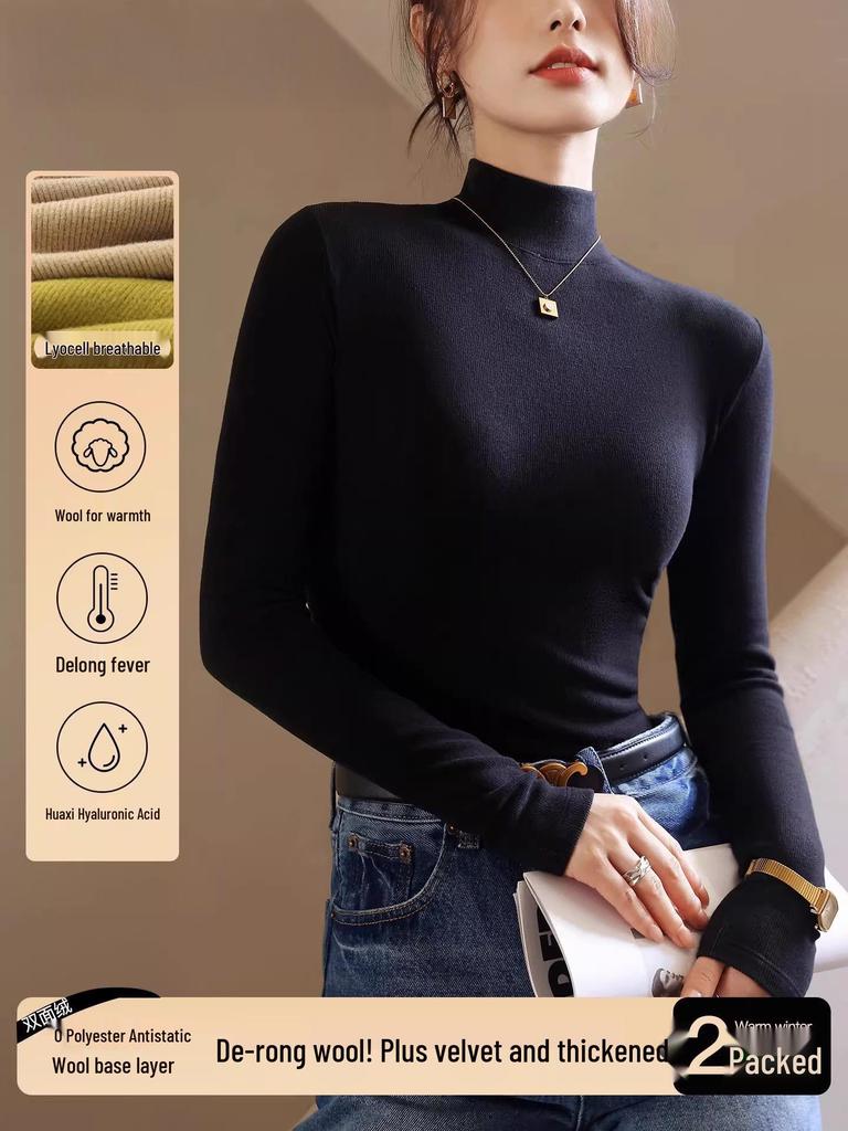 Women's Black Fleece-Lined Half-High Neck Base Layer Knit Top - Thickened Long Sleeve for Autumn/Winter 2026