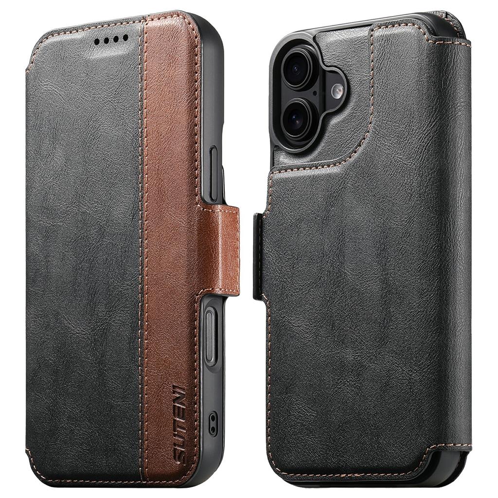 SUTENI Q-07 For iPhone 17 Case Magnetic Color Splicing Cowhide Texture Leather Cover