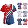 Women's Independence Day Printed Work Clothes V-neck Double Layer Pockets Basic Short Sleeve Top Pullover