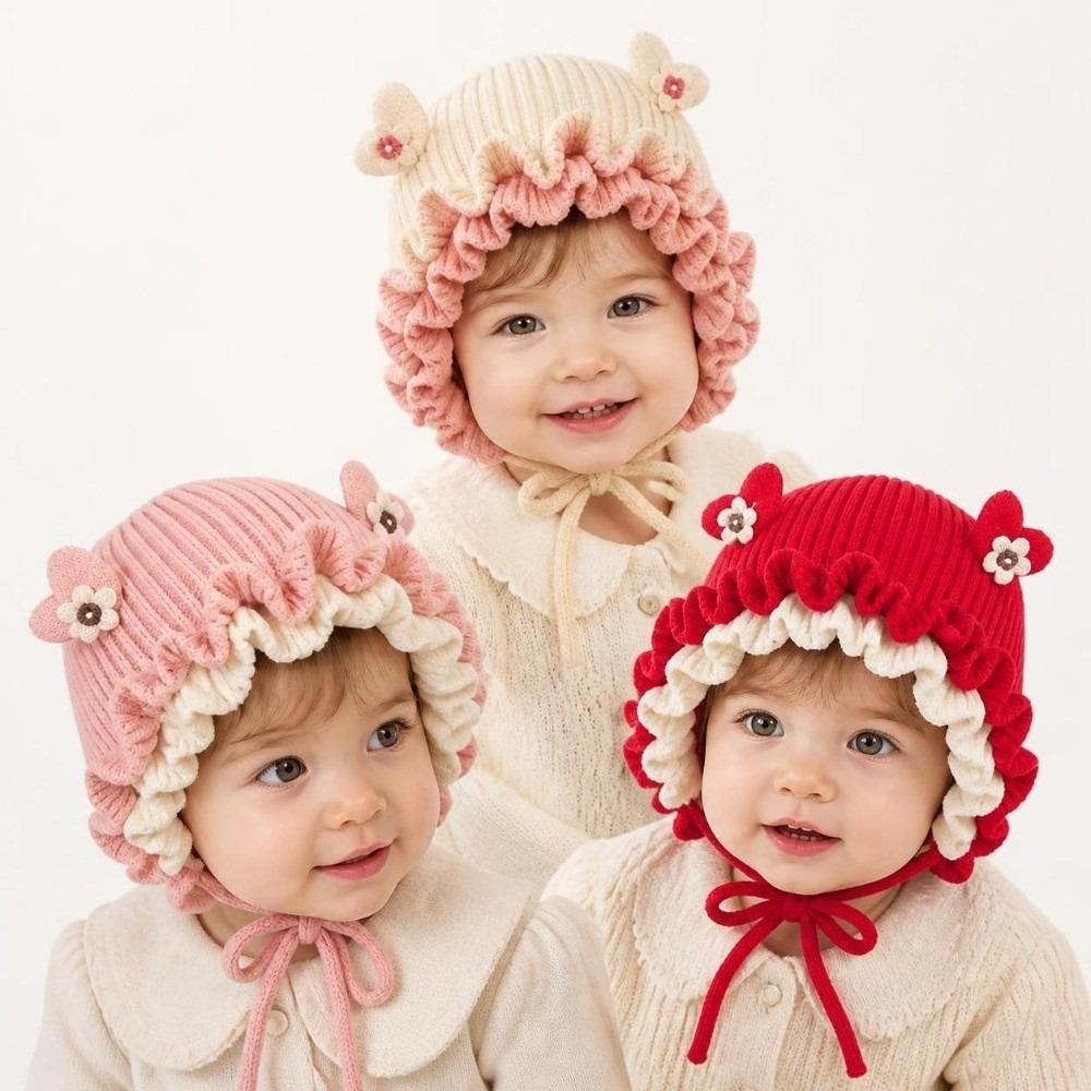 Lace Ruffle Trim Princess Knitted Hat Elastic Soft Kids Beanie Cap Baby Earflap Hat Baby Toddlers