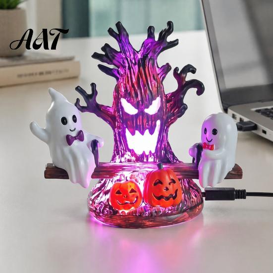 No Battery Required Halloween Light Animated Seesaw Ghost Light, USB Powered 3D Night Cute LED Lamp for Desk with Spooky Tree And Pumpkin Design,