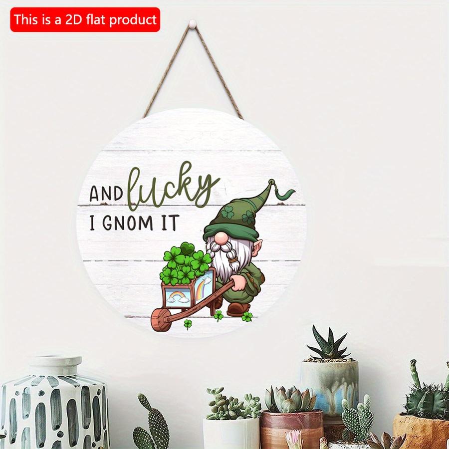 2D Flat 20*20см 1шт И Lucky I Gnom it St. День Святого Патрика Круглый деревянный домашний декор, зеленая шляпа Старый эльф и четырехлистный клевер узор Праздничная вечеринка