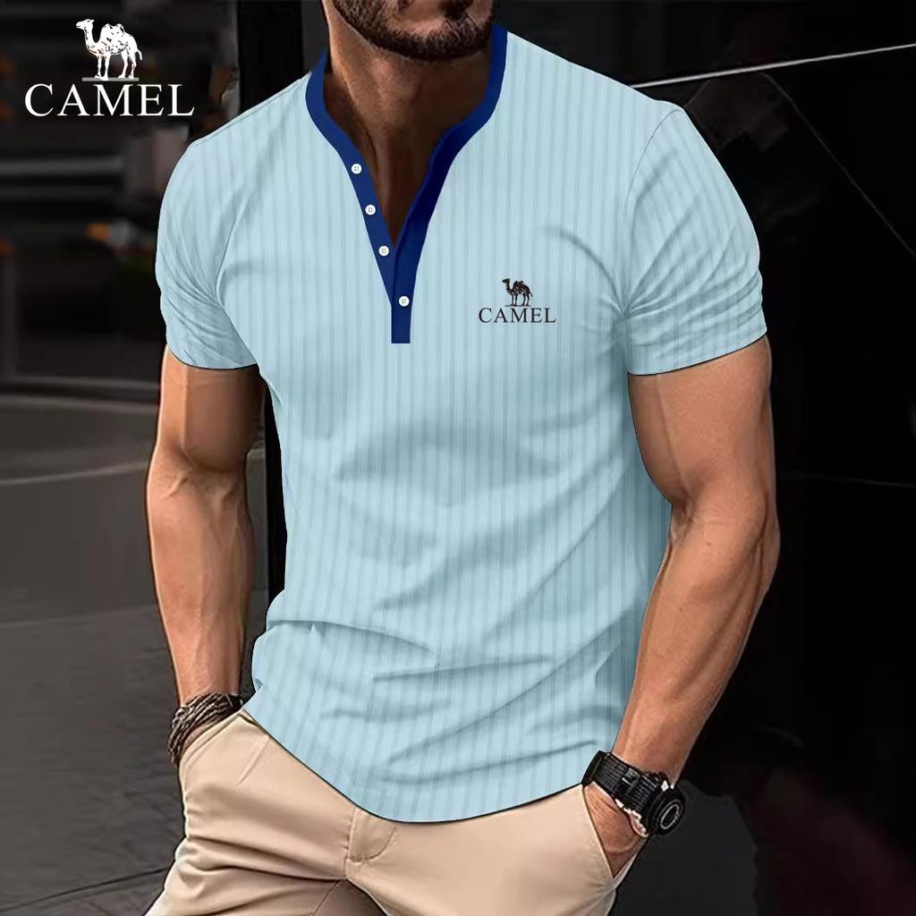 2024 Summer Men's Solid Color Pit Stripe Casual Button V-neck Slim Fit Embroidered Short Sleeved T-shirt