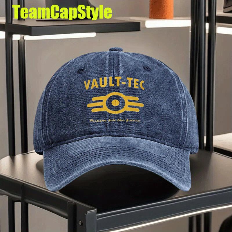 1 шт. "Fallout 10,16 см Логотип Vault-Tec Стираемый Винтажный Принт Бейсболка - Классическая Потертая Папа-Кепка, Регулируемая Легкая Унисе