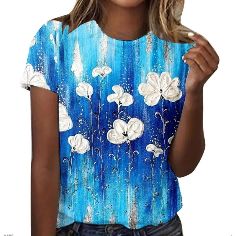 Casual Floral 3D Printed Short Sleeved Round Neck T-shirt