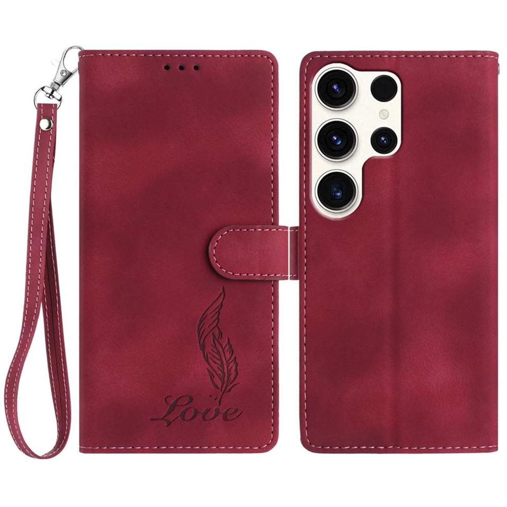 For Samsung Galaxy S25 Ultra Case Imprinted Feather PU Leather Wallet Phone Cover with Wrist Strap