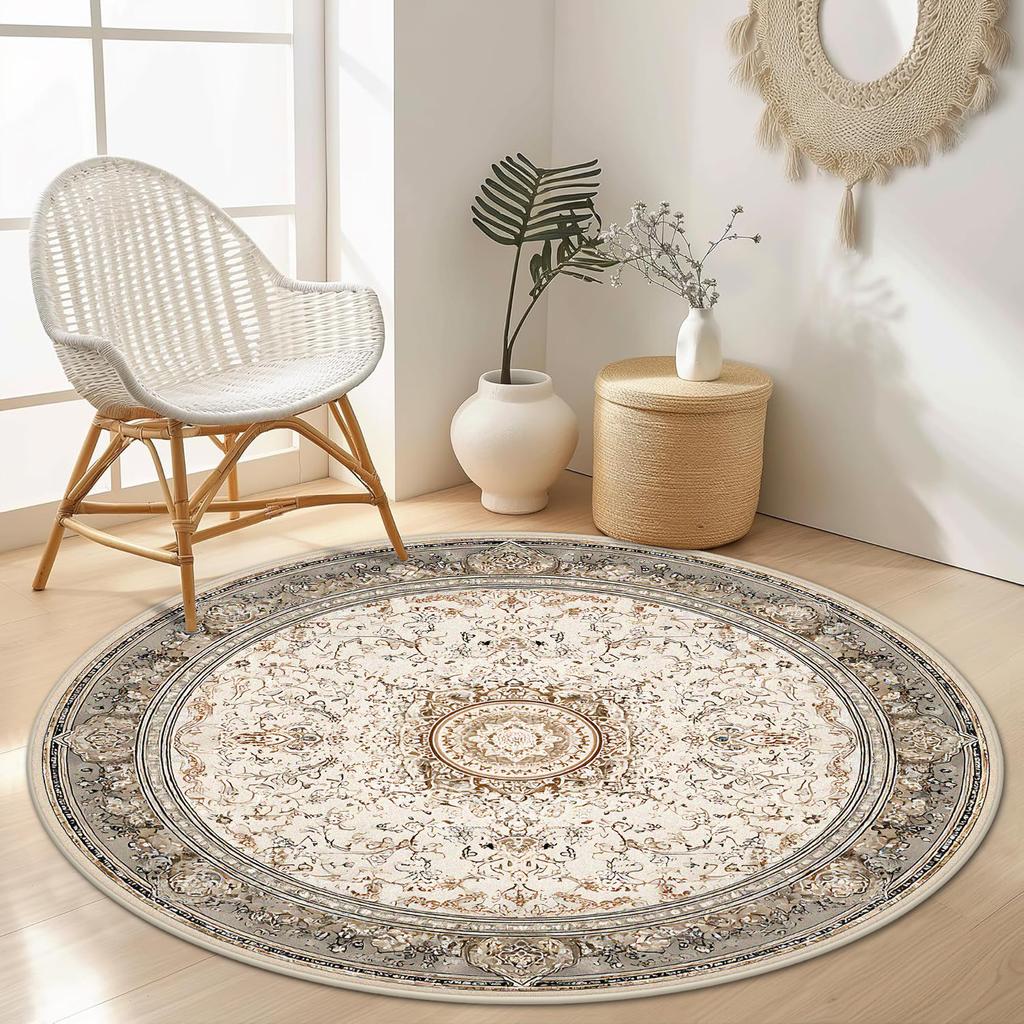 Living Room Circular Carpet Persia Decoration Sofa Area Table Chair Mat Non-slip Retro Taupe Home Bedroom Cloakroom Rug Washable