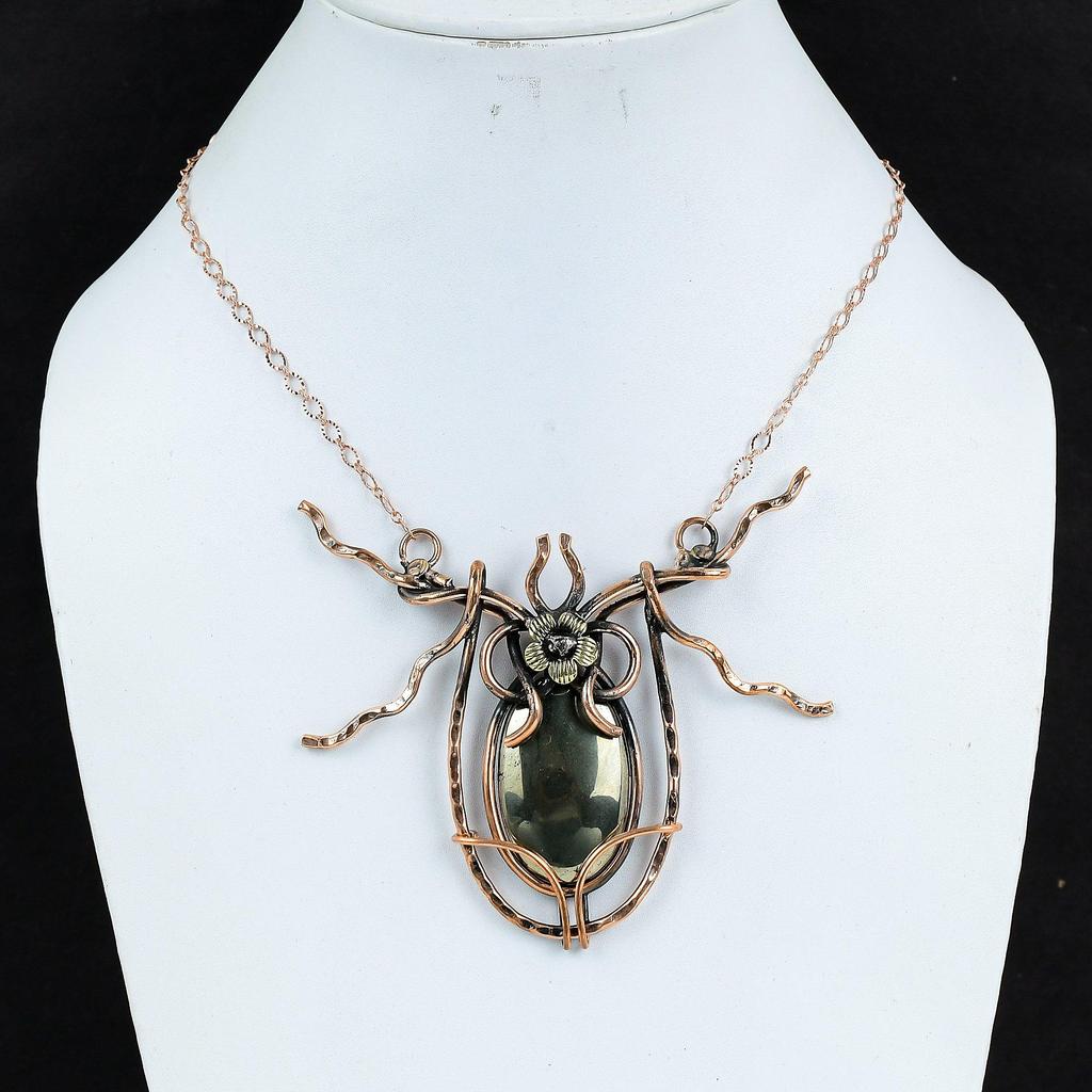 Ожерелье из пирита, ожерелье, обмотанное медной проволокой, украшения ручной работы, ожерелье с регулируемой цепочкой, замечательные медные украшения, ожерелье с драгоценным камнем для подарков