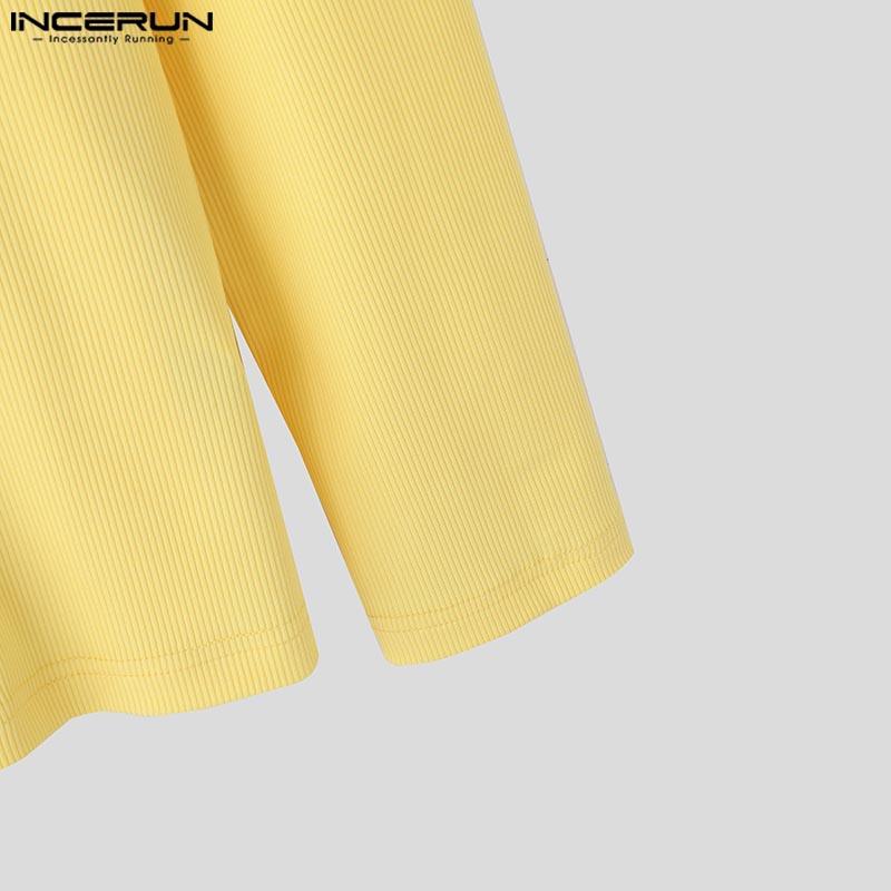 INCERUN Men Deep V Neck Long Sleeve Rib Solid Color Buttons T-shirts Tops