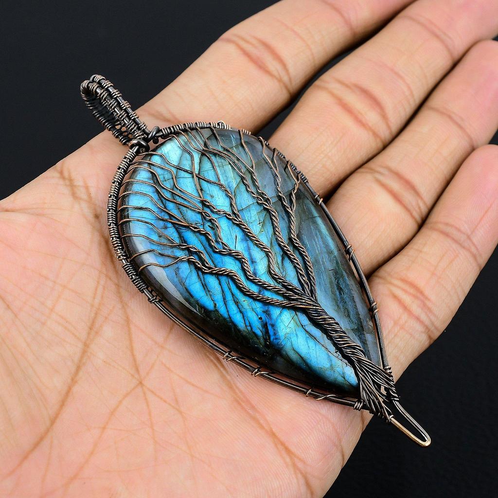 Подвеска Древо Жизни с Лабрадоритом, Подвеска из Натурального Камня Ручной Работы, Обернутая Медной Проволокой 999 пробы, Антикварное Ювелирное Изделие, Для Подарка, Серебряное Ювелирное Изделие