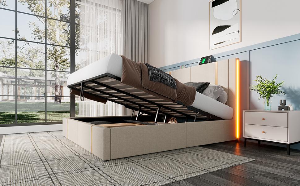 Upholstered double bed USB Type C charging APP control LED 180×200 storage bed frame, wooden slatted frame, beige linen material (without mattress)