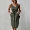 Женское летнее шикарное платье без рукавов сплошного цвета с V-образным вырезом на шнуровке