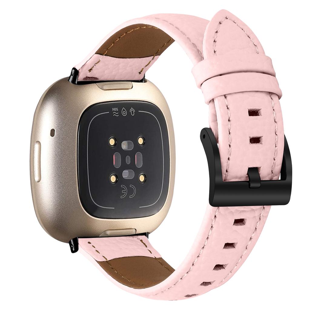 Litchi Textured Genuine Cow Leather Strap with Electroplated Buckle for Fitbit Versa 3/Sense Pointed-End Watch Band