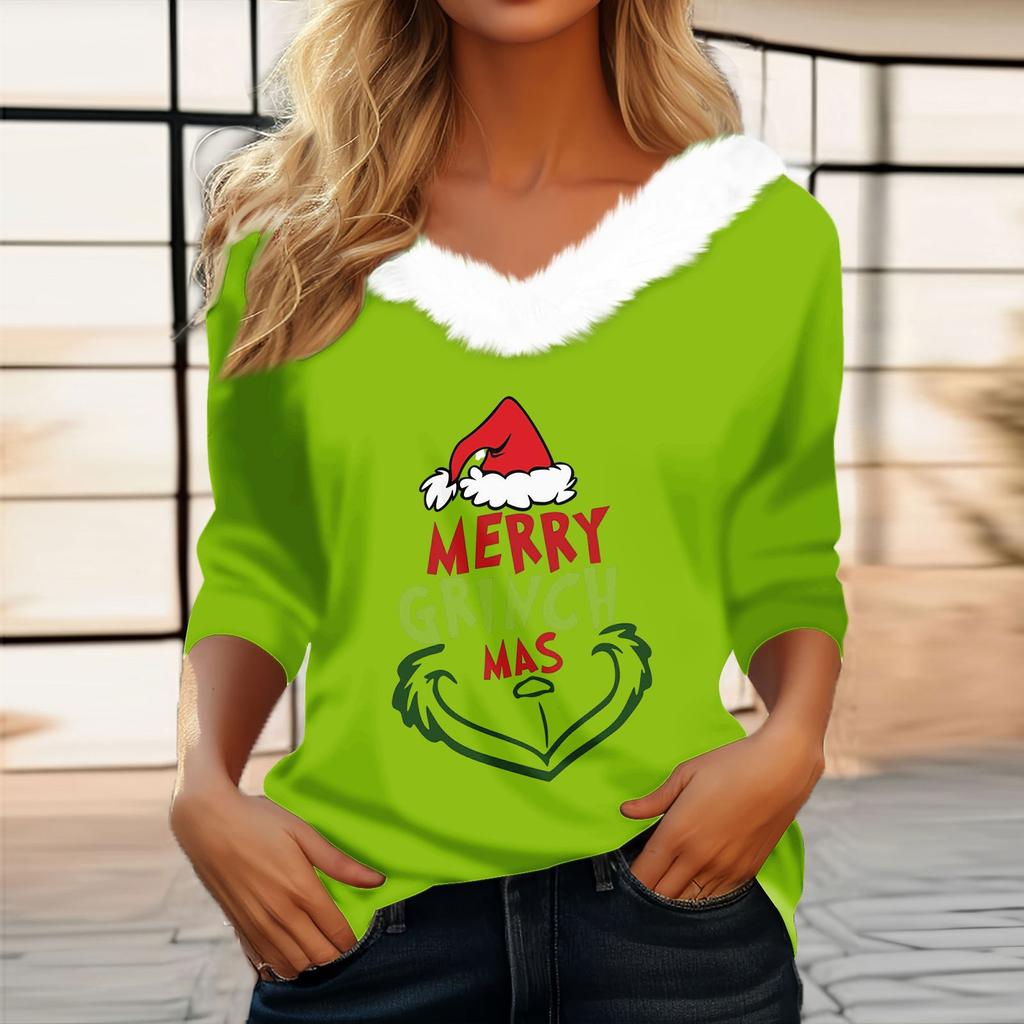 Women's T Shirt Tee Christmas Shirt Long Sleeve Party Christmas Fleece Collar V Neck  Top