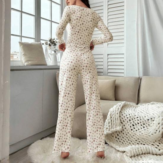 Women's Floral Long Sleeve Pajama Set Crop Top And Wide Leg Pants Sleepwear Set Casual 2 Piece Pjs Lounge Set
