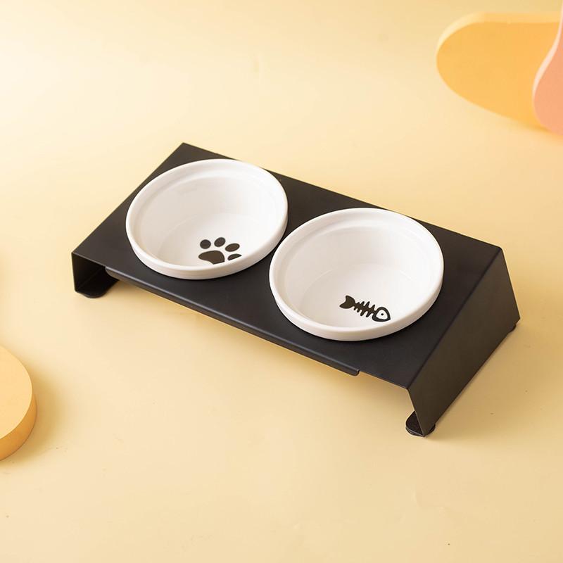 Cartoon Pet Dog Cat Bowl Ceramic Bowl Iron Frame Table Into A Kitten Skid Resistant Double Bowl Small Dog Food Feeder