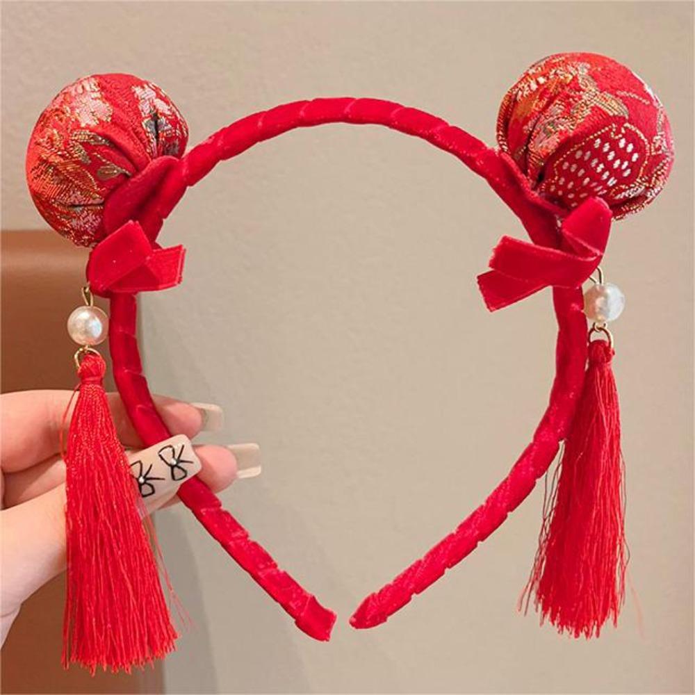 Tassel Chinese New Year Headwear Plush Ball Red Hairband Sweet Hanfu Hair Bun Hair Hoop Children