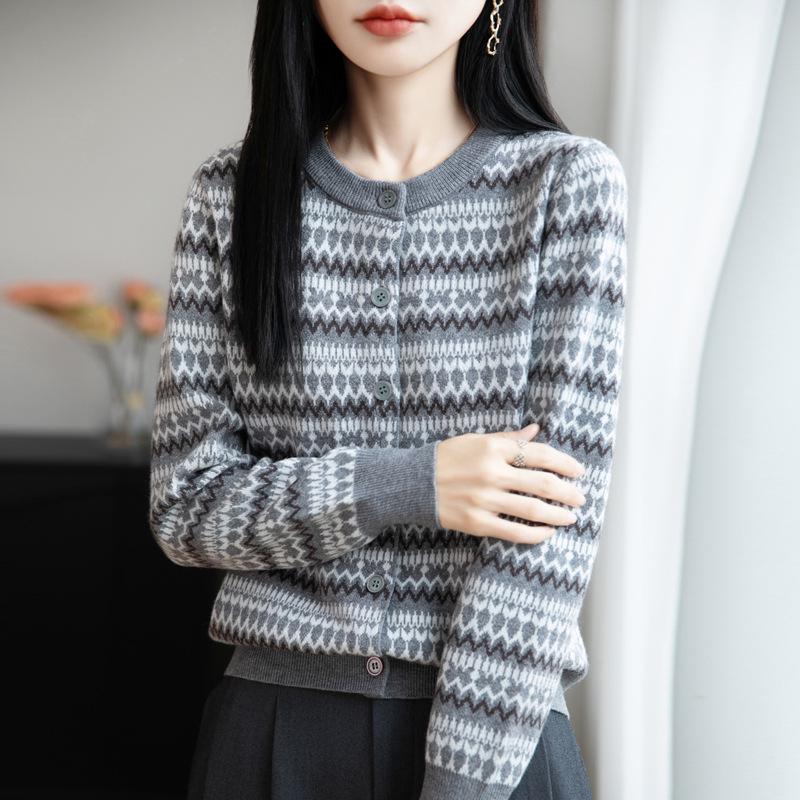 Женский ретро-кардиган из шерсти с жаккардовым узором Fair Isle, с круглым вырезом - Новый рождественский дизайн 2025