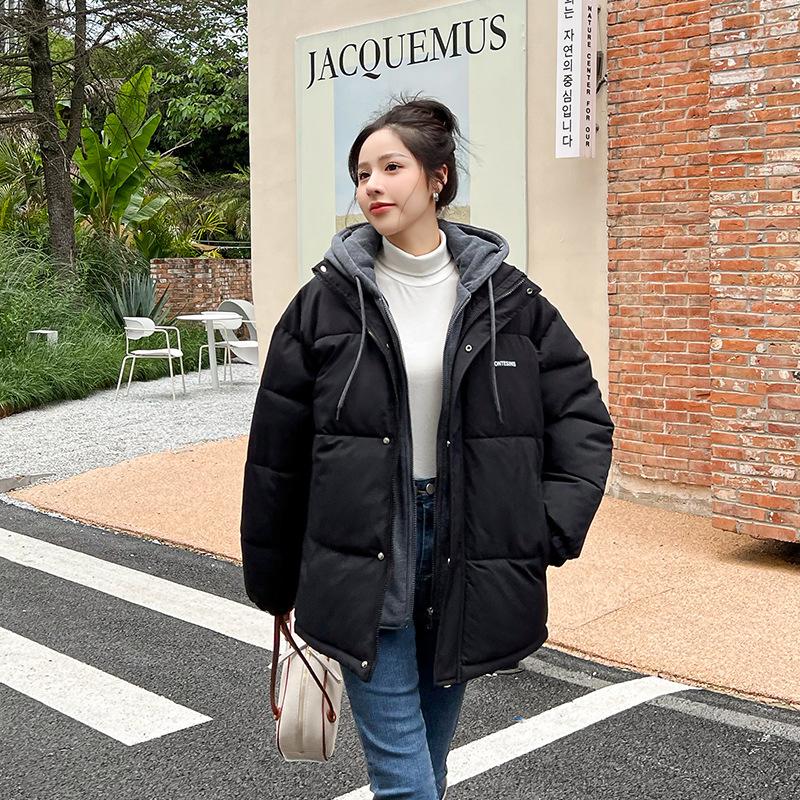 Winter women's fake two-piece cotton clothes, hooded thickened cotton-padded clothes, trendy coats, available from stalls