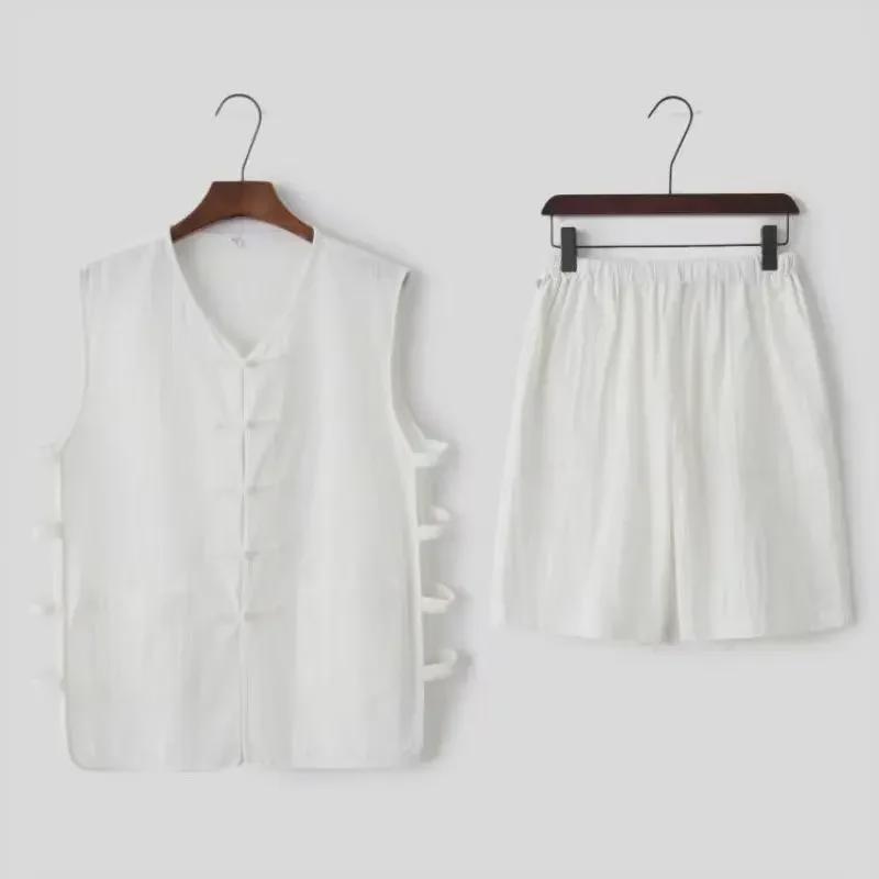 Мужской костюм Тан на весну и осень: Костюм из двух частей в китайском стиле из хлопка и льна с пуговицами