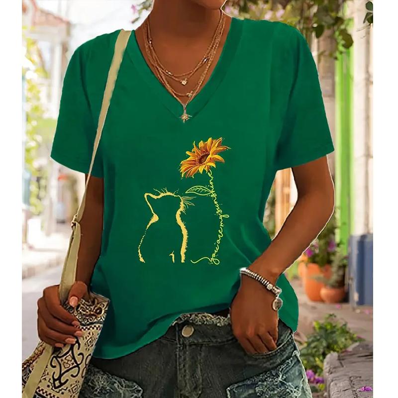 Модные блузки с рисунком кошки и подсолнуха, футболки с коротким рукавом и V-образным вырезом, повседневные