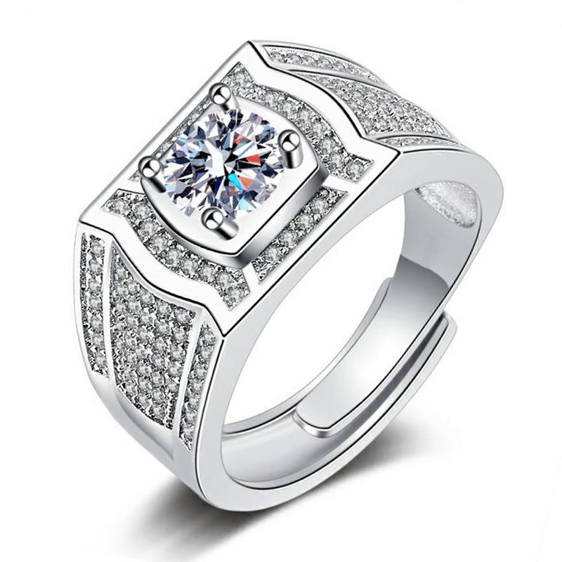 Ring Full of Diamonds, Domineering Silver-plated Imitation Moissanite Diamond, Two Carats Light Luxury and Strict Men's Diamond Ring