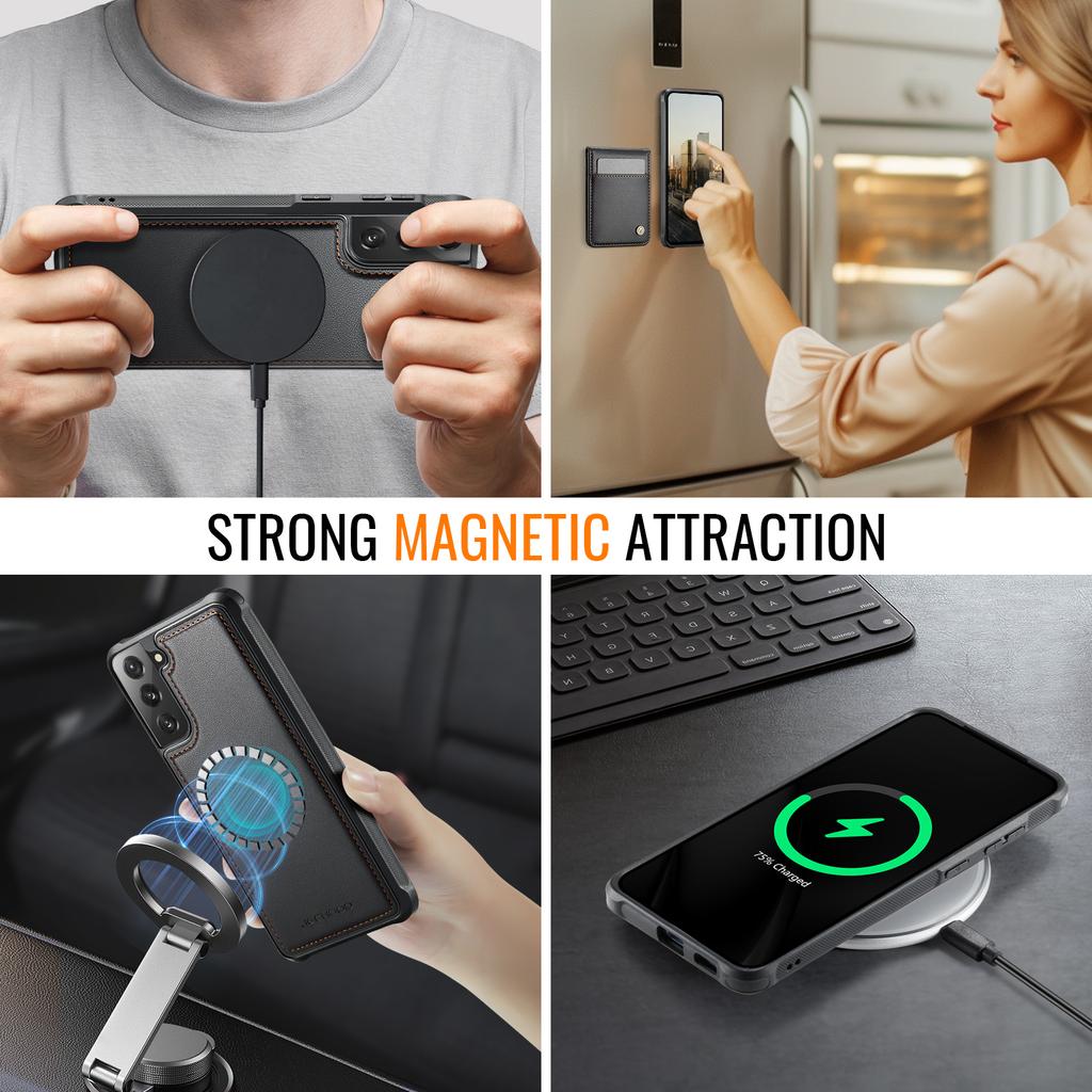 For Samsung Galaxy S22 5G Leather Back Cover Compatible with MagSafe JEEHOOD J06 Phone Case with Card Bag RFID Blocking