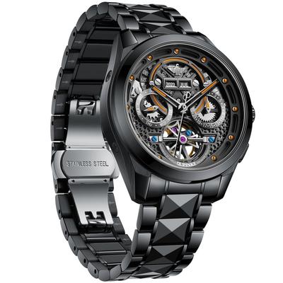 Роскошные механические скелетонизированные мужские часы из вольфрама, водонепроницаемые до 50 м, сапфировое стекло, стальной ремешок, люминесцентные стрелки и метки, автоматический/ручной завод, вольфрам черный