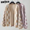 Autumn and Winter Fashion Casual Knitwear Loose V-neck Plaid Matching Color Cardigan Sweater for Women