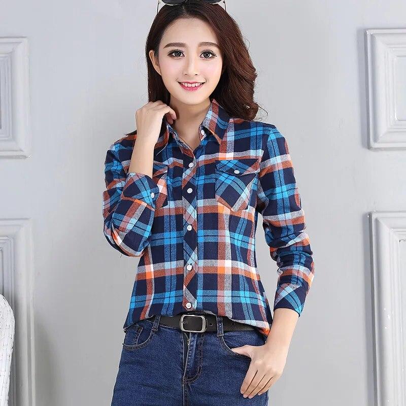 Women's Spring and Autumn Plaid Shirt Casual Long Sleeve Pocket Cotton Shirt