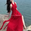 Женское красное французское платье с вырезом халтер на тонких бретельках, 2025 г., для летнего отпуска на море