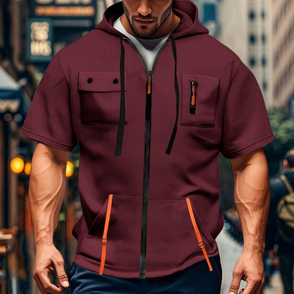 Men's Casual Short-sleeved Sweatshirt. Loose And Breathable Solid-color Sweatshirt Jacket With Multiple Pockets And A Zipper.