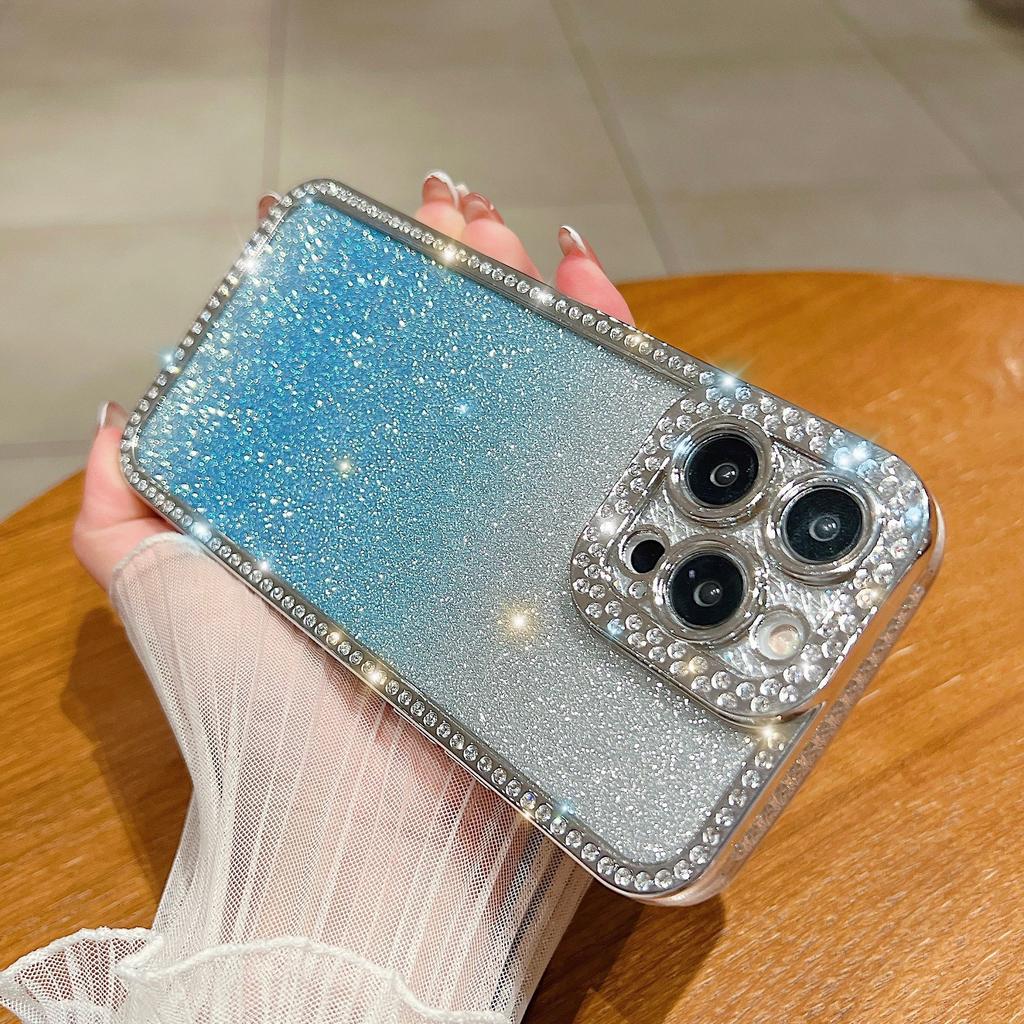 For iPhone 16 Pro Max Case Glitter Phone Case Rhinestone Decor Electroplating Protective Cover
