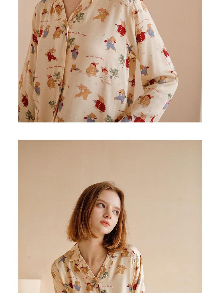 Женский рождественский пижамный комплект из сатина с принтом кролика - с коротким рукавом и шортами