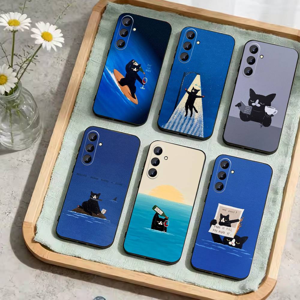 Black Whimsical cat Phone Case For Samsung Galaxy A73,A21s,A22,A31,A52,A53,A71,A41Soft Black Shell