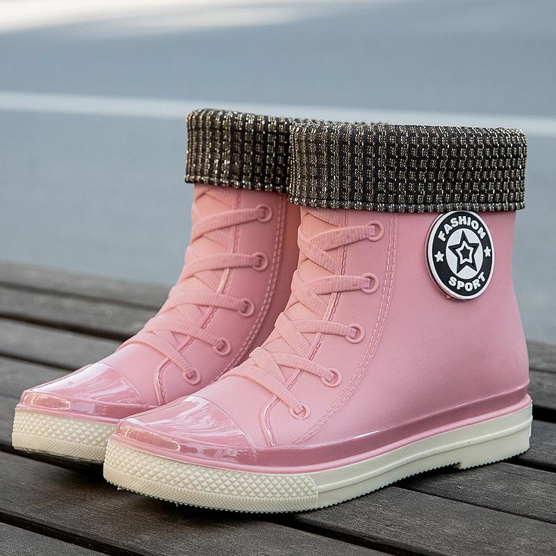 Fashion short tube women's waterproof shoes rain shoes student trend rubber shoes velvet warm non-slip rain boots women