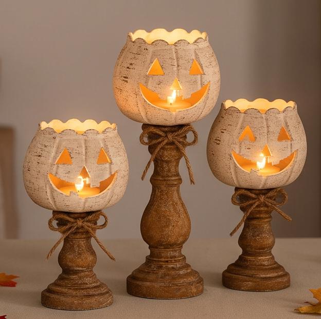 Rustic White Pumpkin Tealight Candle Holder Farmhouse Fall Table Centerpieces for Halloween Thanksgiving Seasonal Decor with Tiered Lantern Design