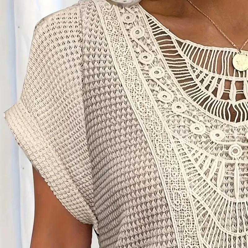 Кружевная футболка с круглым вырезом, повседневный топ с короткими рукавами, весенне-летняя женская одежда