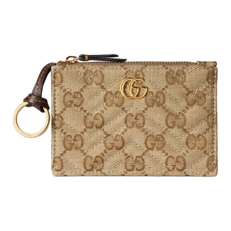 Gucci GG Marmont Generation retro style gold hardware zipper closure GG canvas key bag women's sand color with dark brown