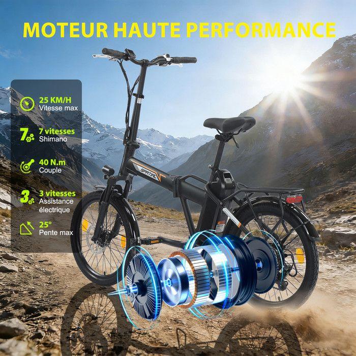 SPATIAL Vélo Électrique 20"Pliant - Moteur 250W-Batterie 36V/13Ah- 25 km/h Max-100KM Max(Mode ASSIST)- Shimano 7 vitesses-Noir