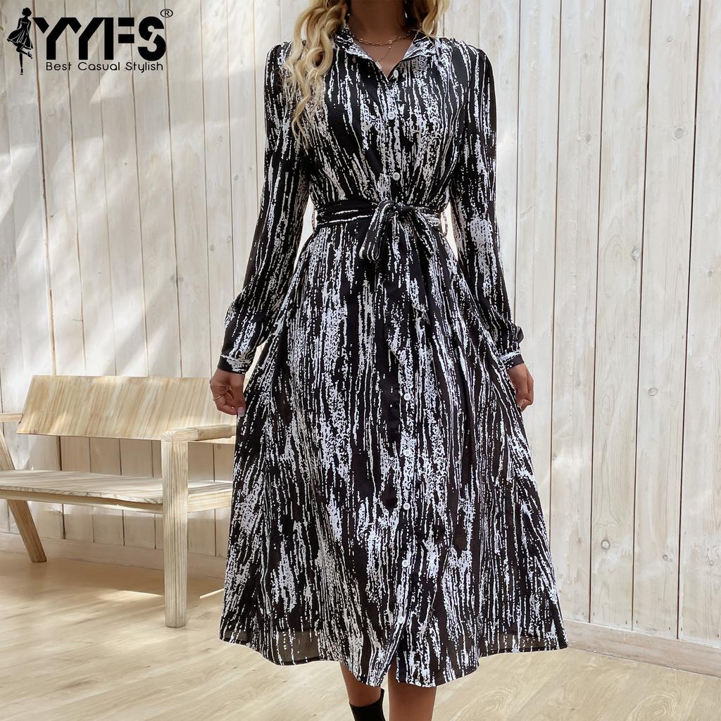 YYFS Женская мода лето весна с длинным рукавом поло шеи повседневные платья