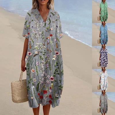 Женское свободное повседневное модное платье с V-образным вырезом и принтом, пляжная юбка