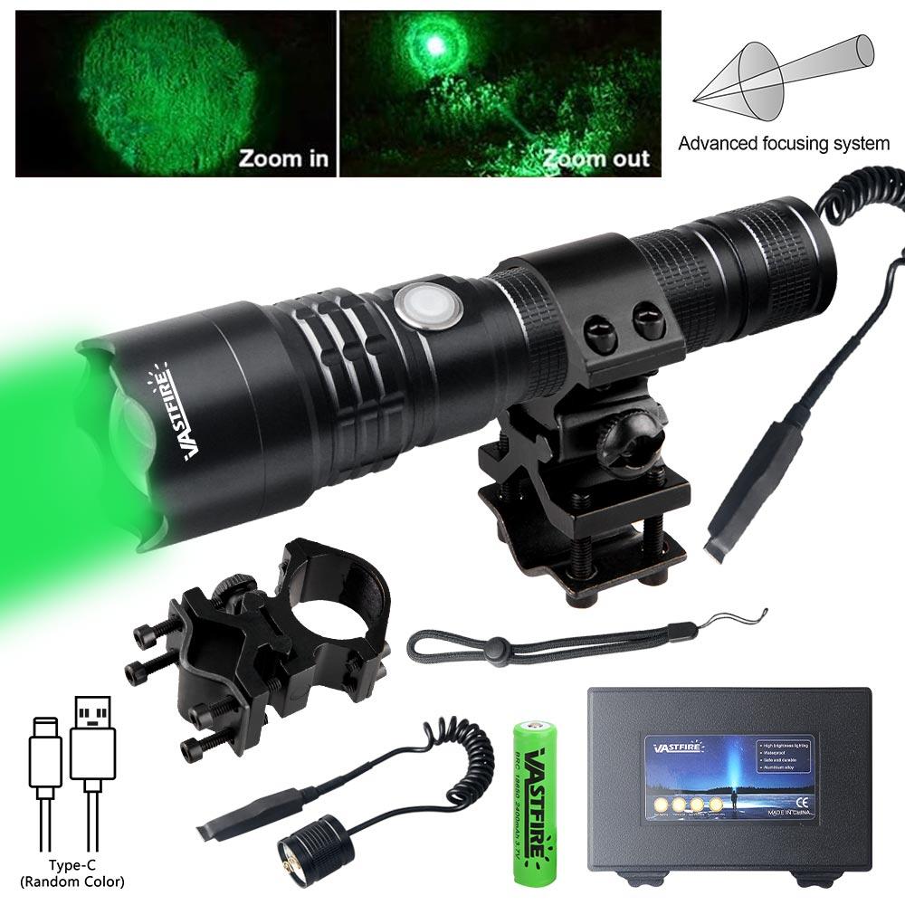 LED Tactical Hunting Flashlight Green Light USB Rechargeable Waterproof Torch Lamp Professional Shooting Night Scout Lights Set