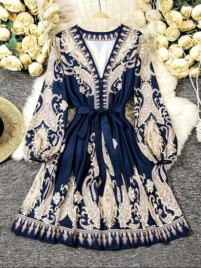 Весеннее французское ретро-платье с принтом, V-образным вырезом, рукавами-фонариками, затягивающейся на талии завязкой