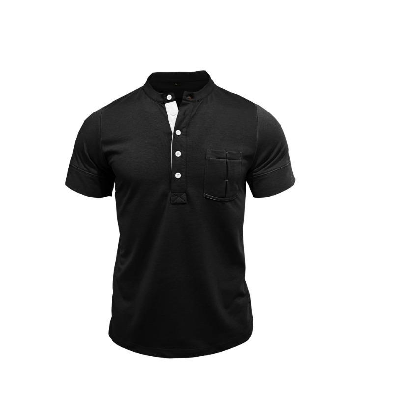 Men Black Stand Collar Henley Neck Short Sleeve T Shirt With Chest Pocket Casual Summer