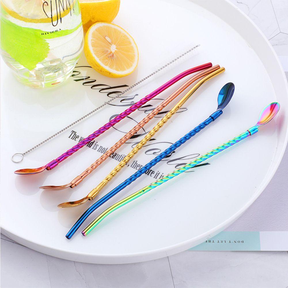 Home Reusable Metal Bent Filter Straws Spoon Drinking Straw Stainless Steel Coffee Spoons