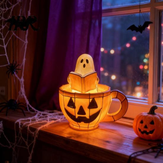 Ghost Pumpkin Lamp Reading Book Lamp, Stained Glass Style Halloween Night Light, Resin Spooky Bedside Light for Bedroom, Living Room, Party,