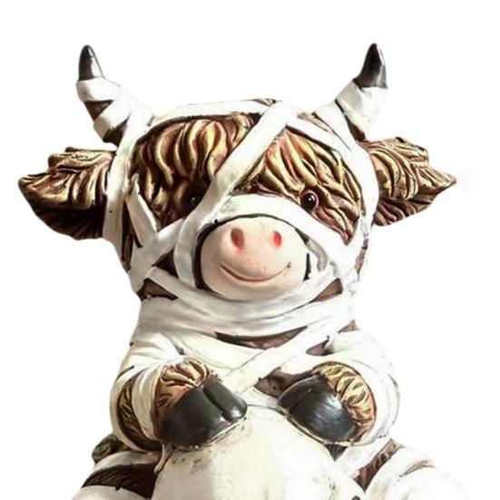 Unique Holiday Gift for Cow Lovers Halloween Resin Highland Figurine, Mummy Holding Skull Cute Tabletop Decorative Statue Ornament, Creative