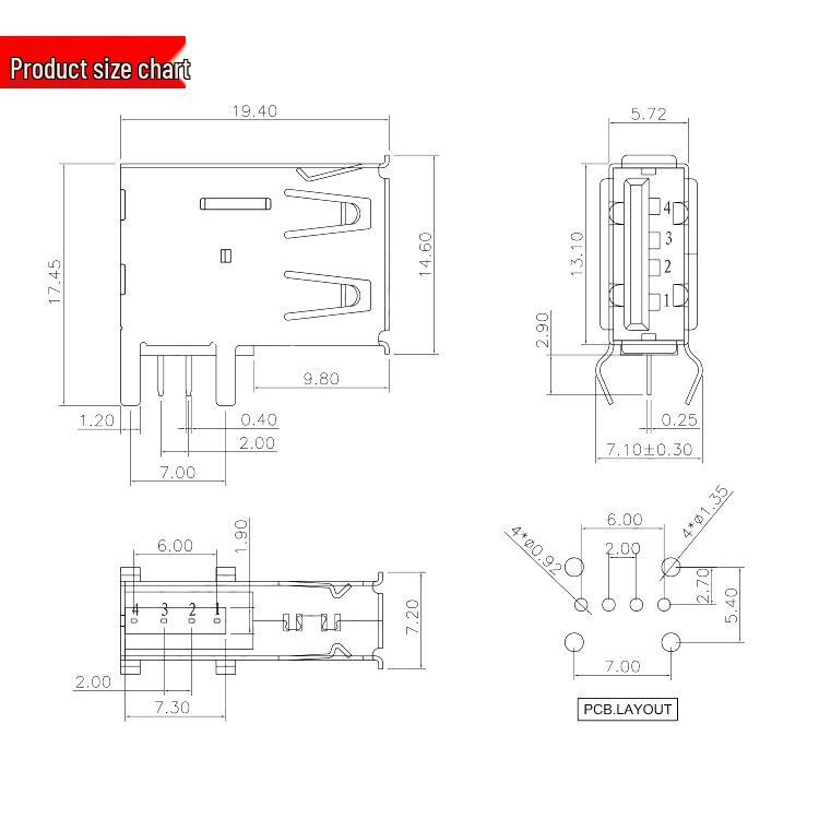 Сторона материнской платы Длинный корпус USB Type A Разъем female