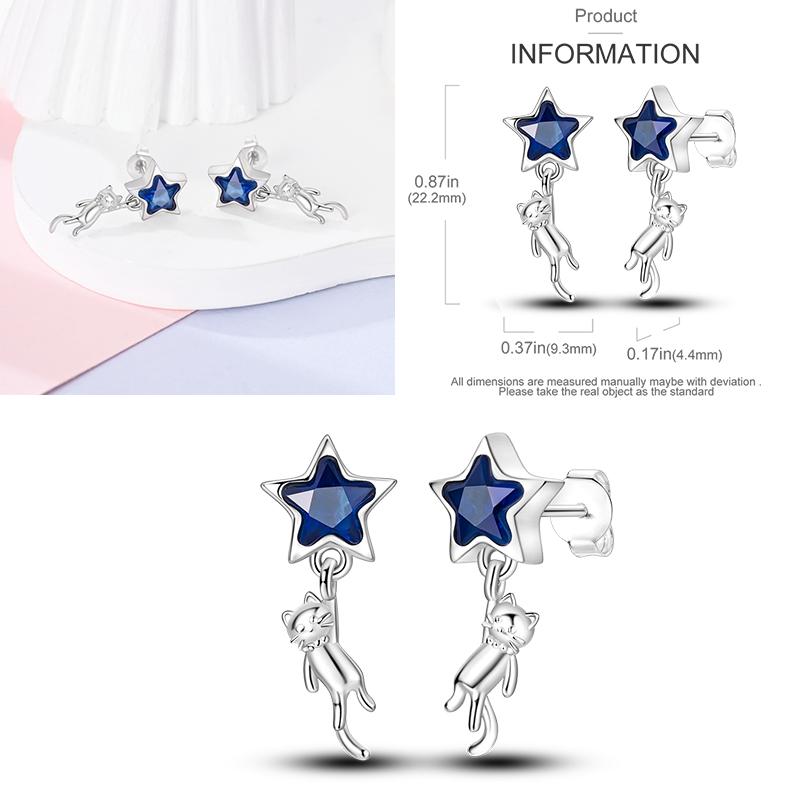 Sparkling Women Hoop Earrings 925 Copper Heart Shape Star Moon Round Blue Zircon Fit Origina Drop Earrings Zircon Holiday Gifts